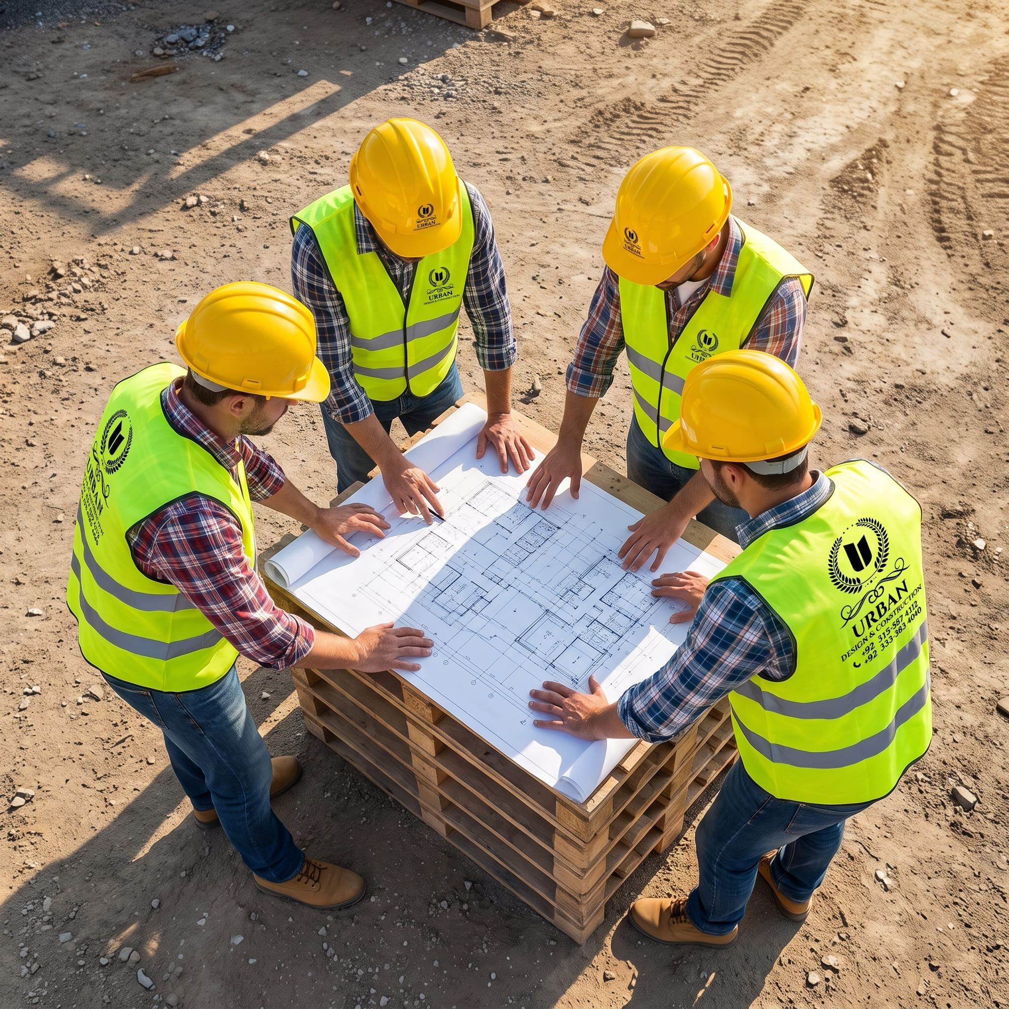UDC site engineering team reviewing architectural drawings on site